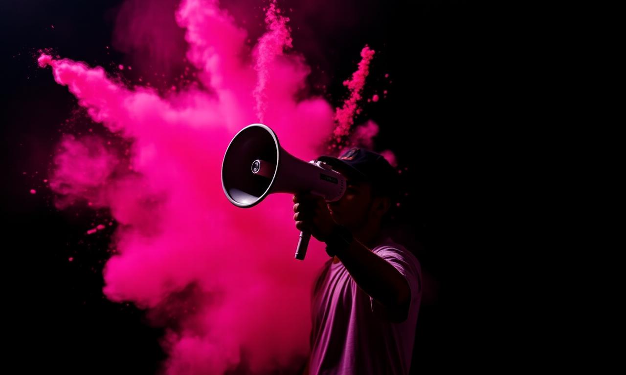 Person with megaphone and magenta colour explosion