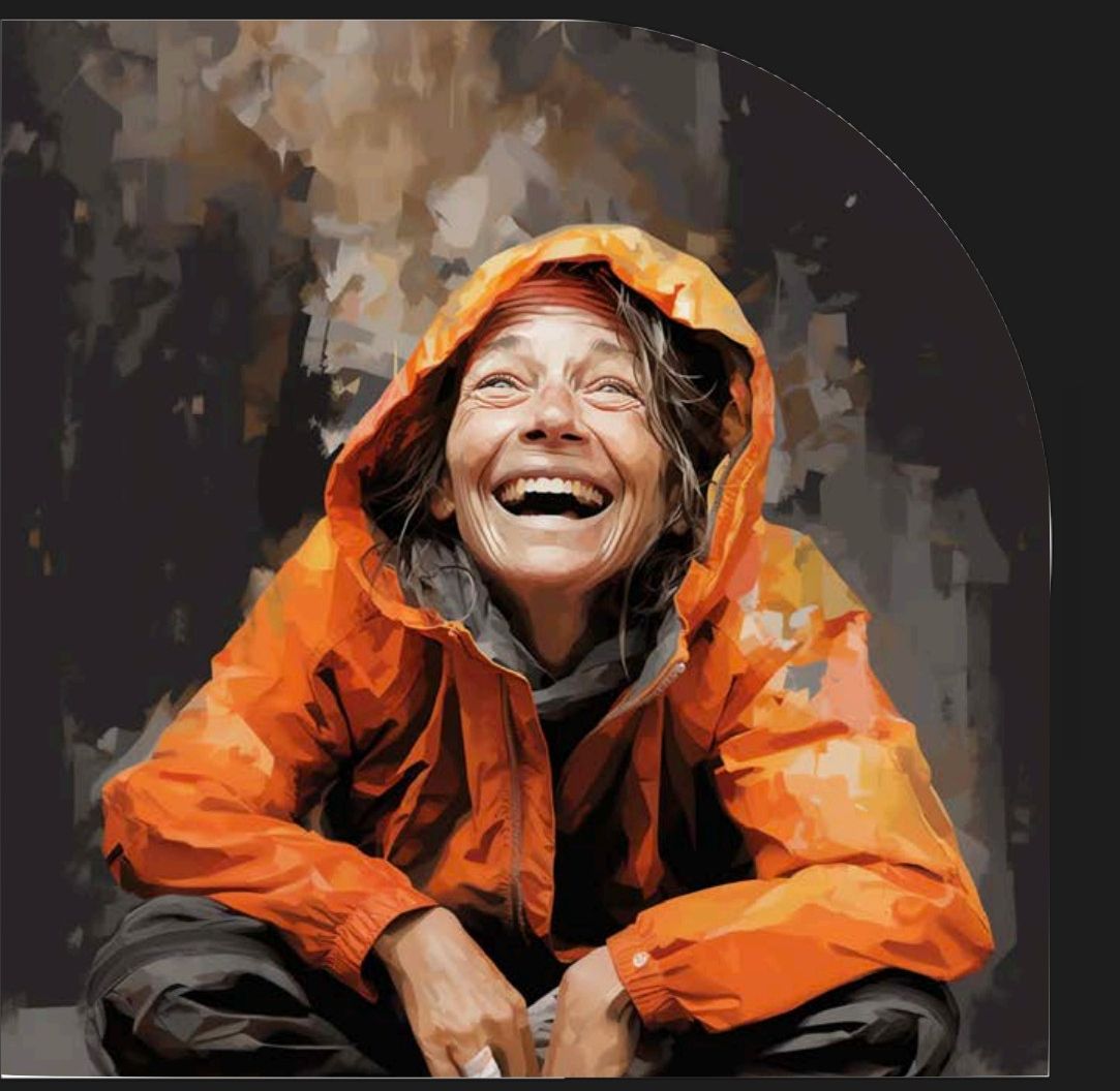 Person in orange raincoat looking up after rain